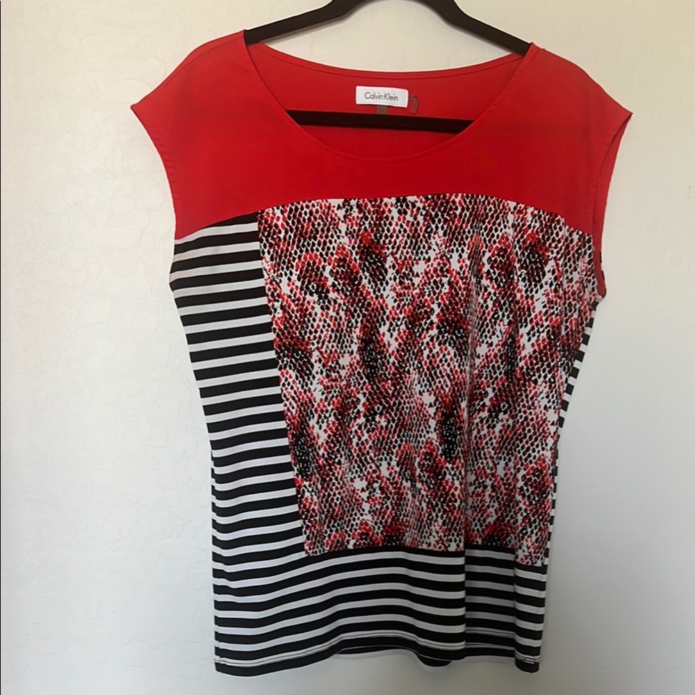 Calvin Klein Red and Black Cap Sleeve Boxy Blouse